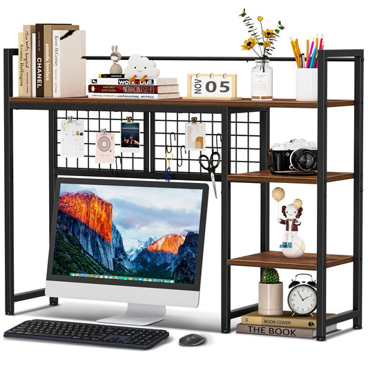 Snughome Desk Shelf, 38.6" Desktop Organizer Shelf, Desk Hutch for Computer Monitor, 4 Tier Desktop Display Rack with Pegboard Hooks Set, Wood Desktop Bookshelf for Home Office Dorm