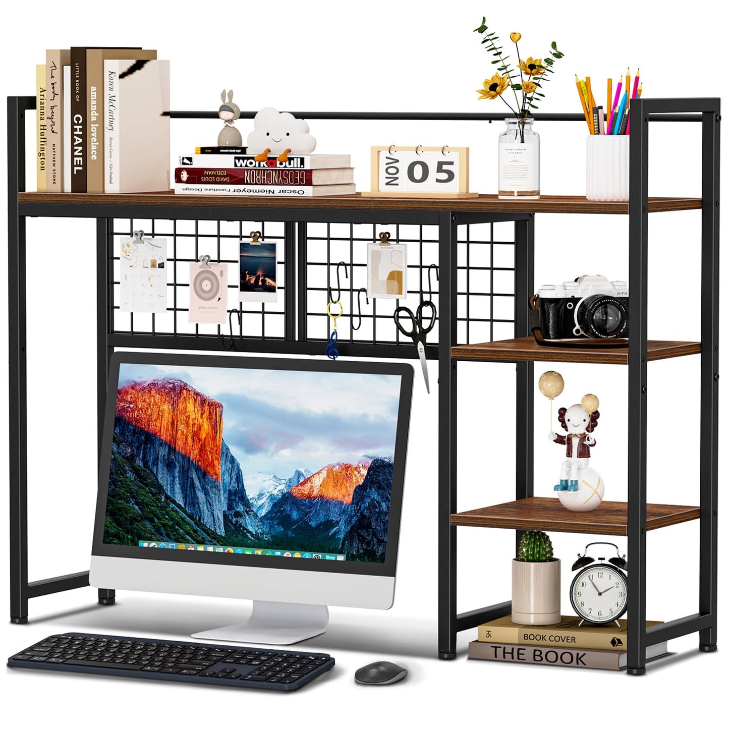 Snughome Desk Shelf, 38.6" Desktop Organizer Shelf, Desk Hutch for Computer Monitor, 4 Tier Desktop Display Rack with Pegboard Hooks Set, Wood Desktop Bookshelf for Home Office Dorm