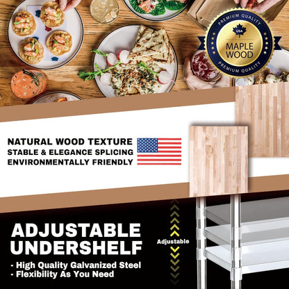 DuraSteel Butcher Block Counter Top - 24 x 48 x 34" Height with 4 Caster Wheels (2 Adjustable) - Kitchen, Side, Coffee, or Dining Table - Optional Base Leg Units, Natural Maple Slab Work Bench Top