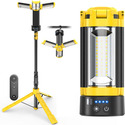OGERY Camping Lights with Remote, 18000mAh Rechargeable Camping Lantern & LED Work Light, Detachable Tripod Stand up to 6.0 ft, 3 Lamp Heads for Camping Essentials & Emergency, Yellow