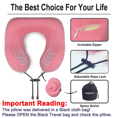 napfun Neck Pillow for Traveling, Upgraded Travel Neck Pillow for Airplane 100% Pure Memory Foam Travel Pillow for Flight Headrest Sleep, Portable Plane Accessories, Light Grey