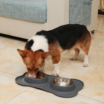 Pecute Dog Bowls Non Slip, Stainless Steel Double Bowls Set with Non-Spill Silicone Mats Tray for Cats Puppies Small Dogs Water Food Feeding (14oz Each Bowl, Grey)