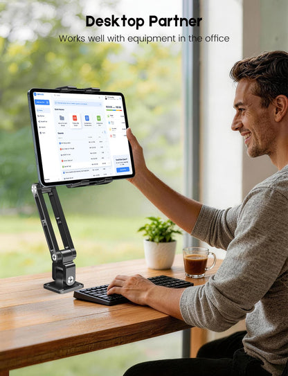 OHLPRO Tablet Wall Mount, Heavy Duty Aluminum iPad Wall Mount Holder with 360° Rotating 2-Stage Foldable Arm, Compatible for 5-13" Phones and Tablets, for Kitchen, Gym, Office, Home
