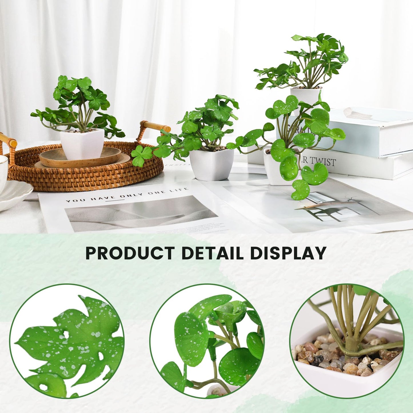 DomeStar 6 Pack Small Fake Plants, Faux Plants Potted 4.5" Tall for Bathroom Shelf Home Decor