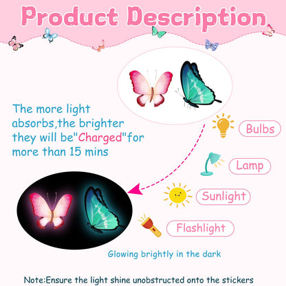 128 Stickers/6 Pieces Wall Decals for Girls Bedroom,Glow in the Dark Stickers,Butterfly Wall Decals - Blue & Pink Glowing Decor for Bedroom, Party Decor, Kids Room,Living Room(Detachable)