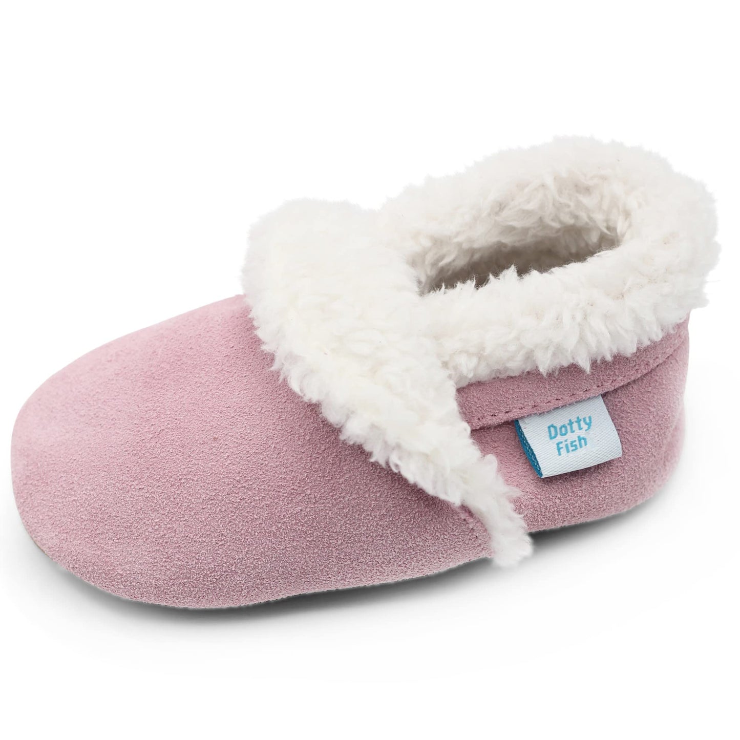 Dotty Fish Baby & Kids Suede Barefoot Slippers – Boys & Girls, 5 Styles, Non-Slip Soft Soles, Warm Fleece-Lined House Shoes, Elasticated Ankles, Podiatry Approved – Pale Pink 12-18 Months