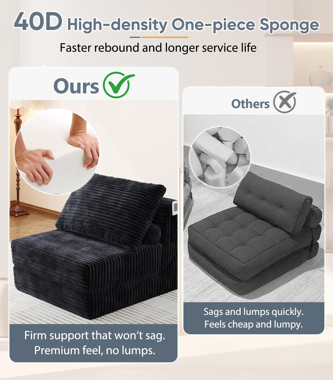 Folding Sofa Bed Versatile Boneless Chair Futon Couch Convertible Sleeper Chair Chaise Lounge Chair Indoor BeanBag Chair for Adult Kids, Oversized Comfy Floor Portable for Living Room Bedroom