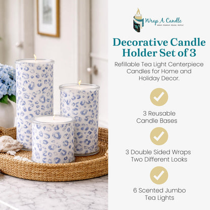 Decorative Candle Holder Set of 3 Home Decor, Reusable Interchangeable Pillar Candle System Decorative Wraps, Refillable Tea Light Centerpiece Candles for Holiday Decor, Table Styling & Gift Giving