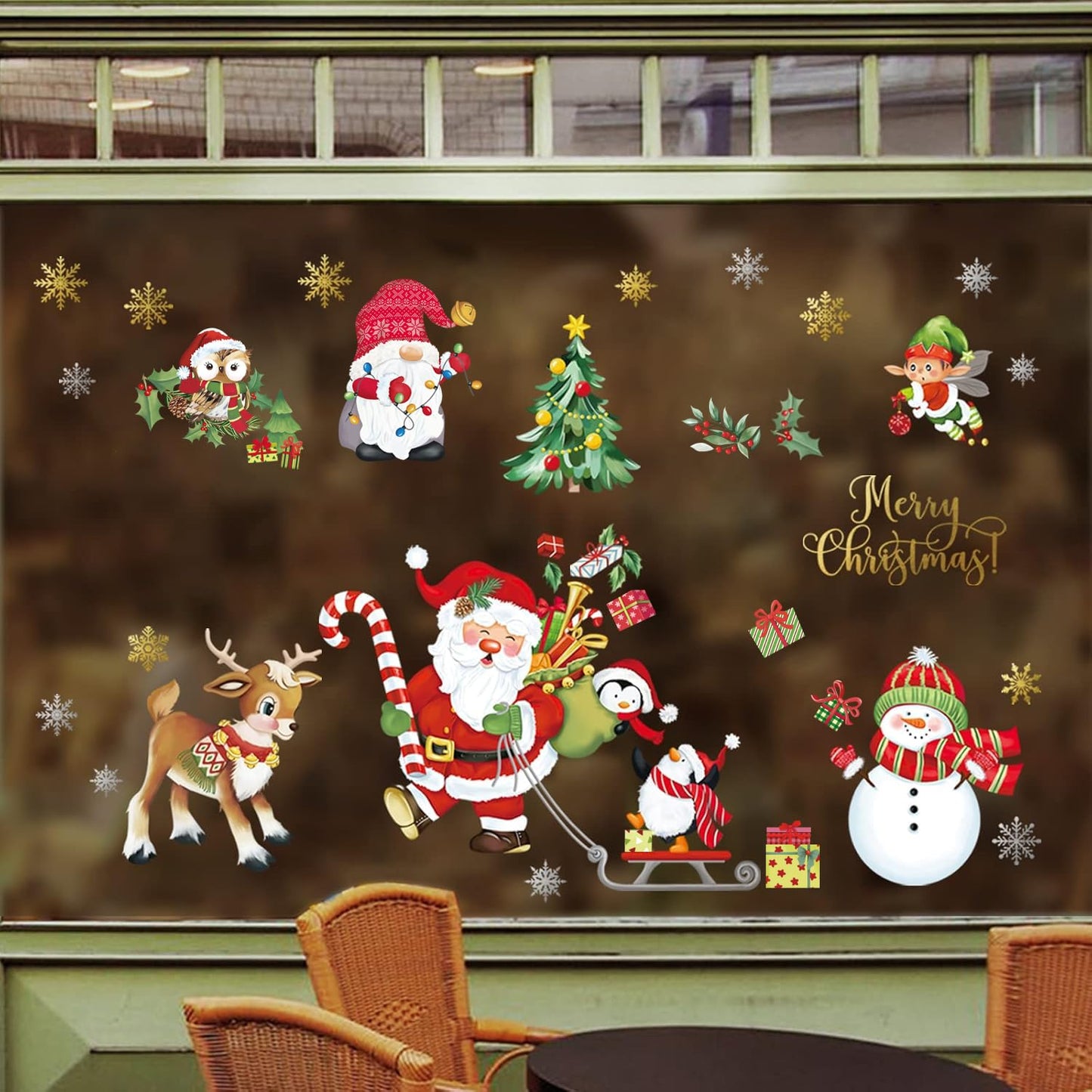 decalmile Christmas Window Wall Decals Santa Claus Elk Wall Stickers Snowman Snowflake Winter Penguin Window Clings Kids Room Home Party Shop Decorations