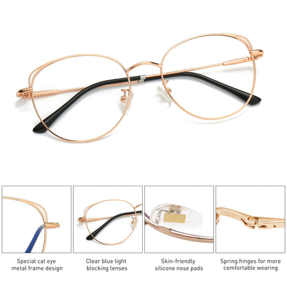 SOJOS Cat Eye Blue Light Blocking Glasses for Woman Hipster Metal Frame Womens Eyeglasses She Young SJ5027, Rose Gold Frame/Anti-Blue Light Lens
