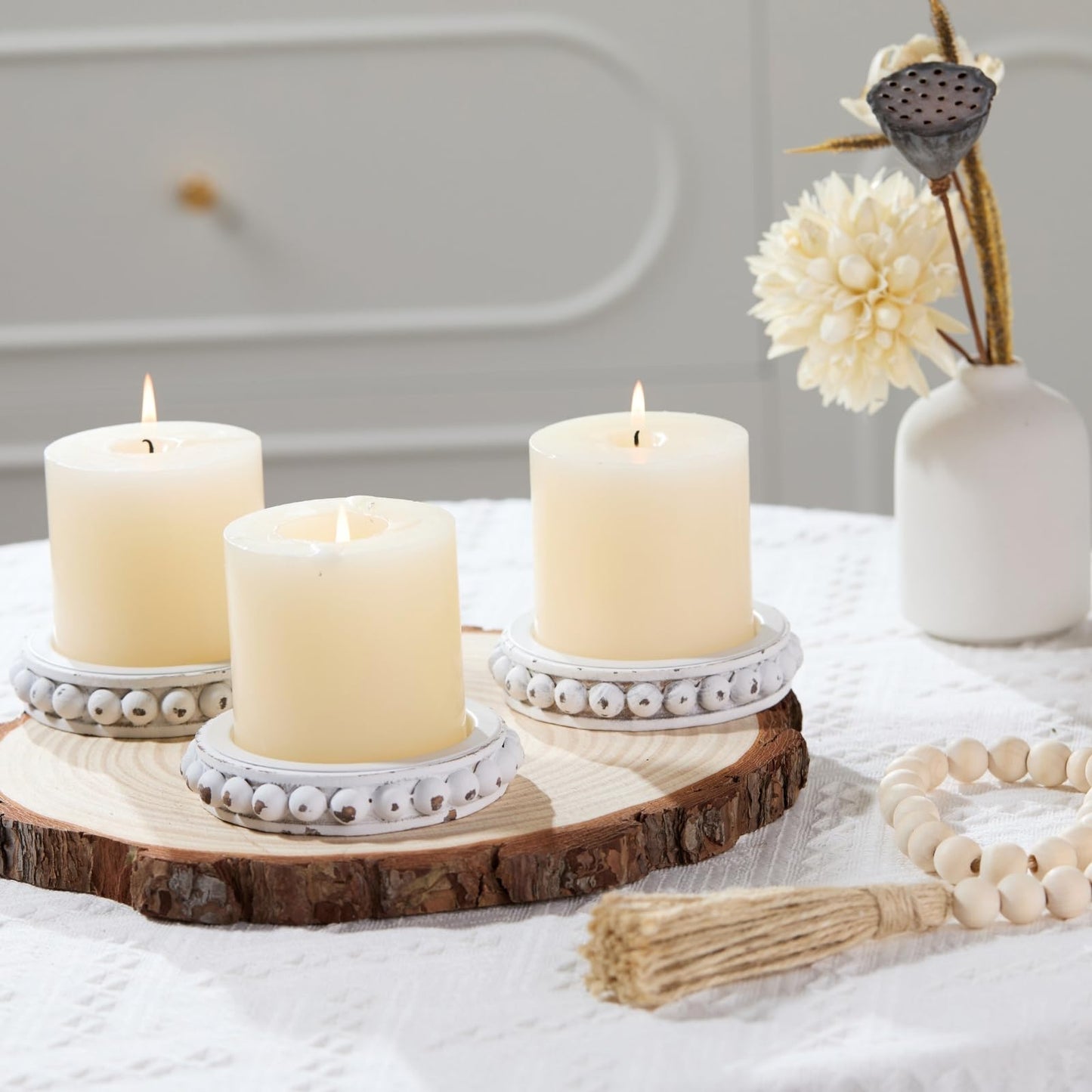 THORNIA Wooden Candle Holders for Pillar Candles, Set of 3 Wood Beaded Plate with Metal Cup Inserts, 4 Inch Rustic Farmhouse Tray Stand for Fireplace Mantel, Table Centerpiece Decor - White