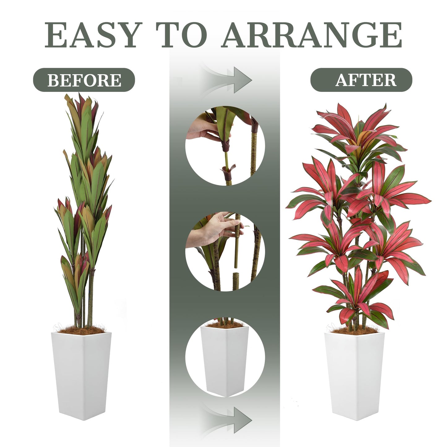 6FT Artificial Dracaena Tree - 72in Faux Dracaena Tree with White Planter, Realistic Trunk & Lifelike Red Foliages, Tall Fake Tropical Floor Plant Potted for Home Office Living Room Indoor Decor