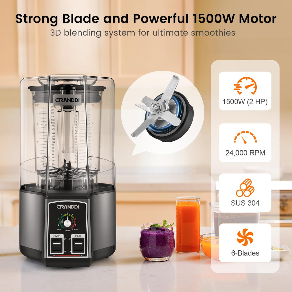 CRANDDI Commercial Blender for Crushing Ice, Chopping, Grinding, Blending, 1500W 80oz Blender with Tamper and Removable Soundproof Cover, K85 (Grey)