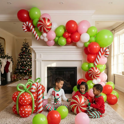 143 Pcs Christmas Balloons Garland Arch Kit with Xmas Red Pink Green Balloons Candy Cane & Swirl Foil Balloons for Holiday Party Decorations Xmas Backdrop Birthday Party Supplies