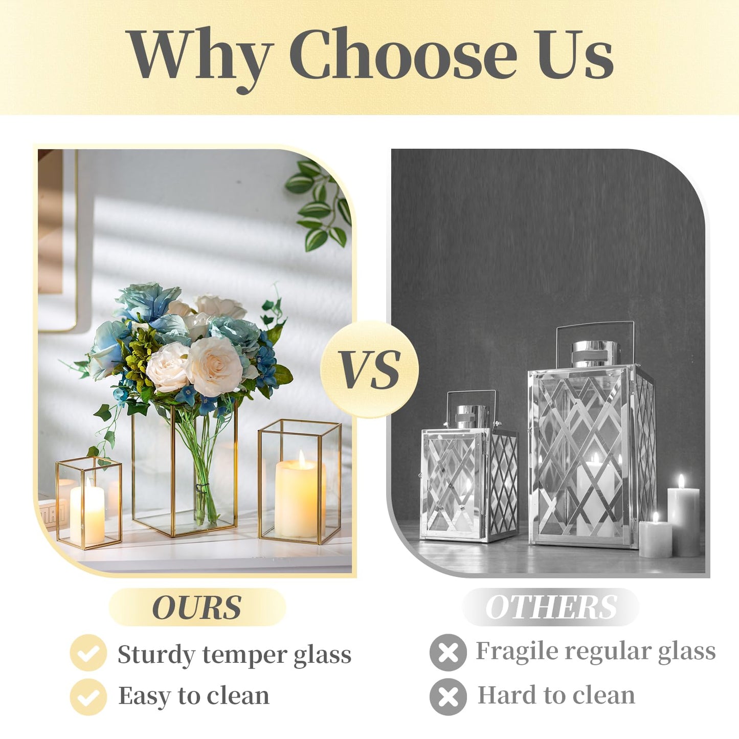Glass Hurricane Candle Holder Large - Hewory 3pcs Gold Rectangle Flower Holders Centerpiece for Table, Tall Floor Square Pillar Candle Lantern for Wedding, Anniversary, Party, Fireplace, Dining Room