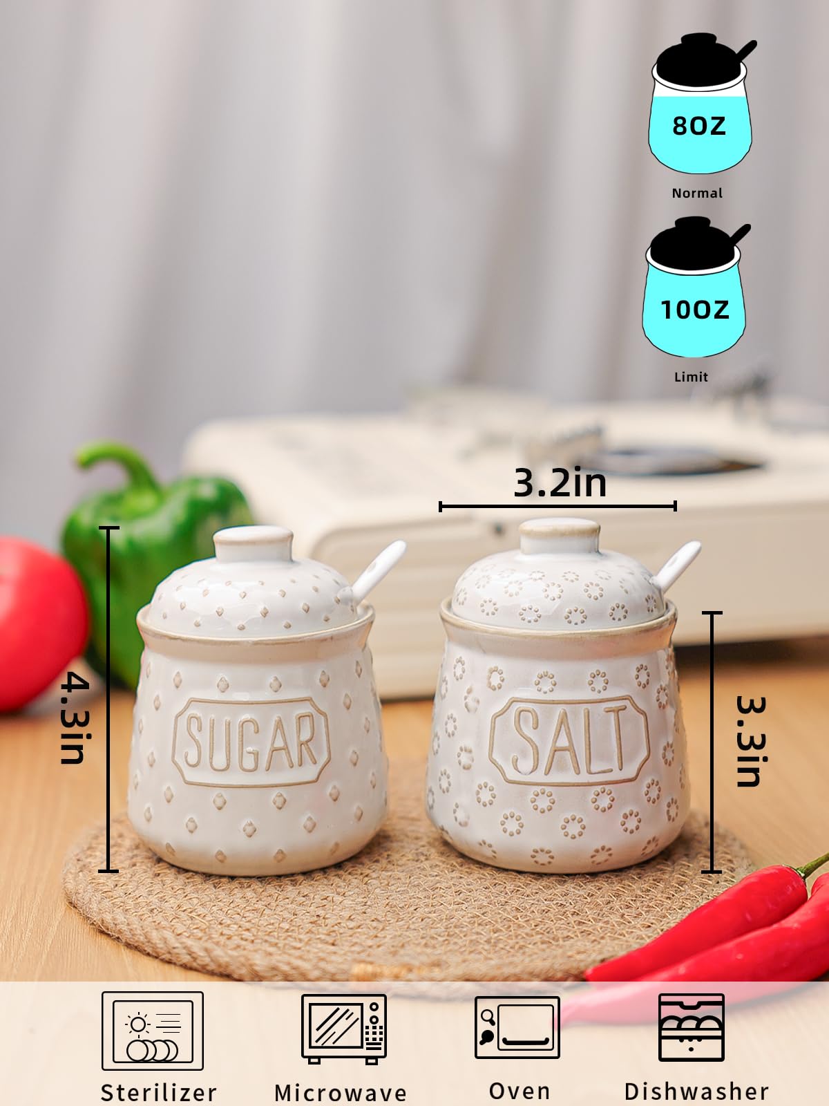 GDCZ 10 Oz Ceramic Salt and Sugar Bowls Set with Lid and Spoons, Seasoning Container, Dishwasher Safe, Set of 2 (White)
