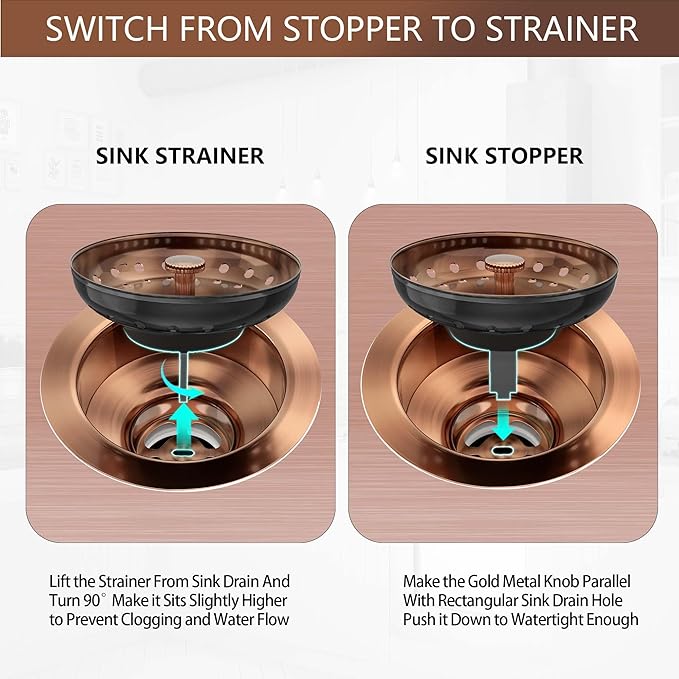Kitchen Sink Drain Copper 3-1/2 Inch Stainless Steel Kitchen Drain Strainer
