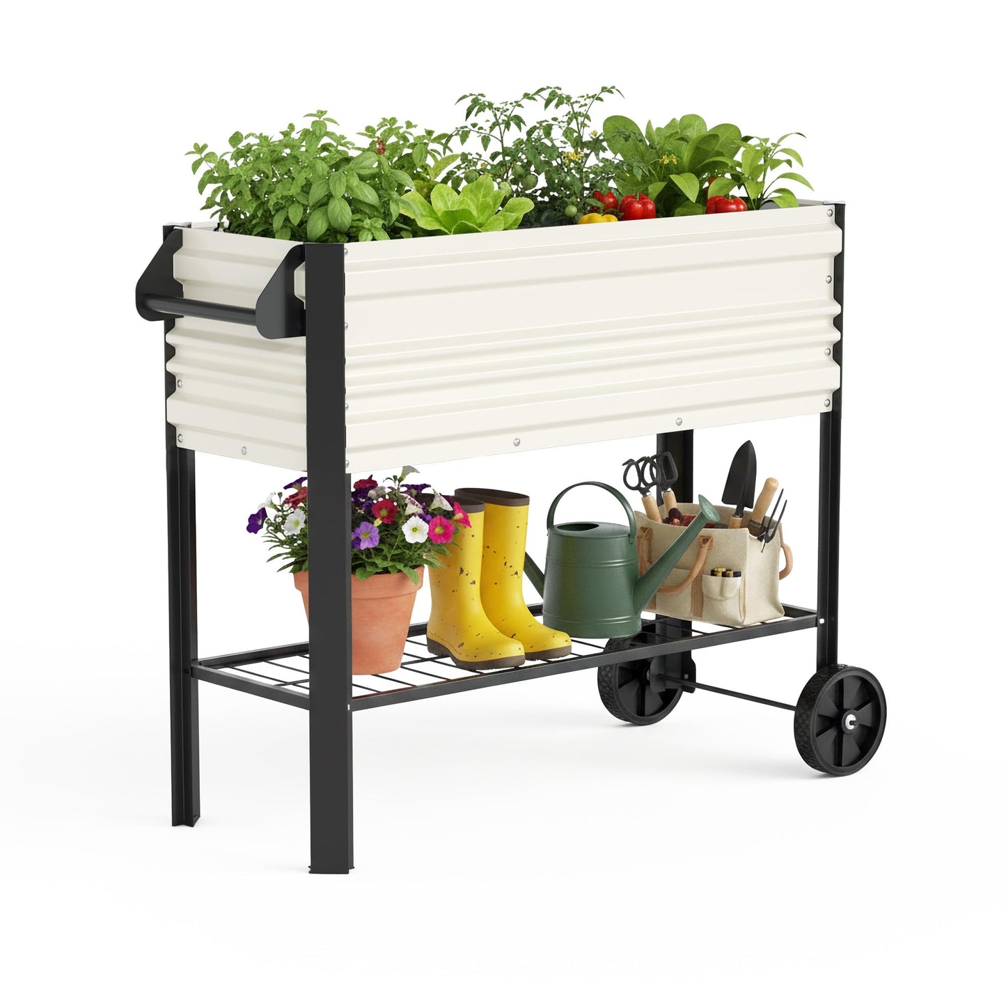 WORKPRO Galvanized Raised Garden Bed with Legs & Wheels, 37x14.6x31.6in, 400LB Capacity Elevated Planter Box for Garden, Backyard, Patio & Deck, White
