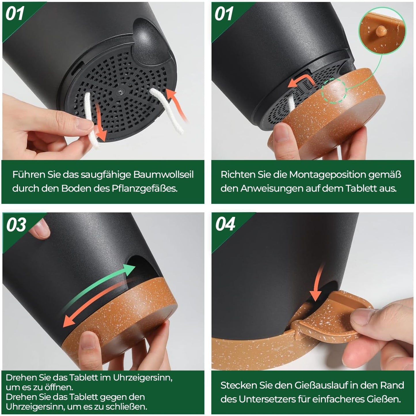 T4U 20 cm Plastic Flower Pot with Watering System, Set of 3 Self-Watering Flower Pot with Saucer, Herb Pot for Indoor and Balcony Garden Plants Succulents Cactus Flower Pot Black