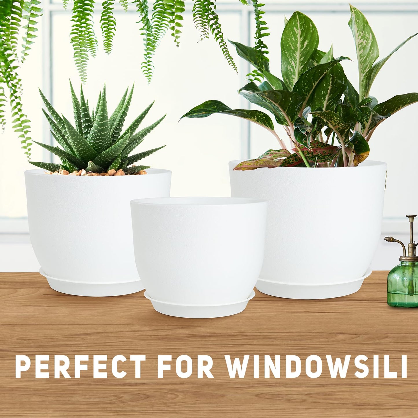 YNNICO Plant Pots 10/9/8/7.5/7 inch Flower Pots with Multi Mesh Drainage Holes, Planters for Indoor Outdoor Garden Plants and Flowers. (White)