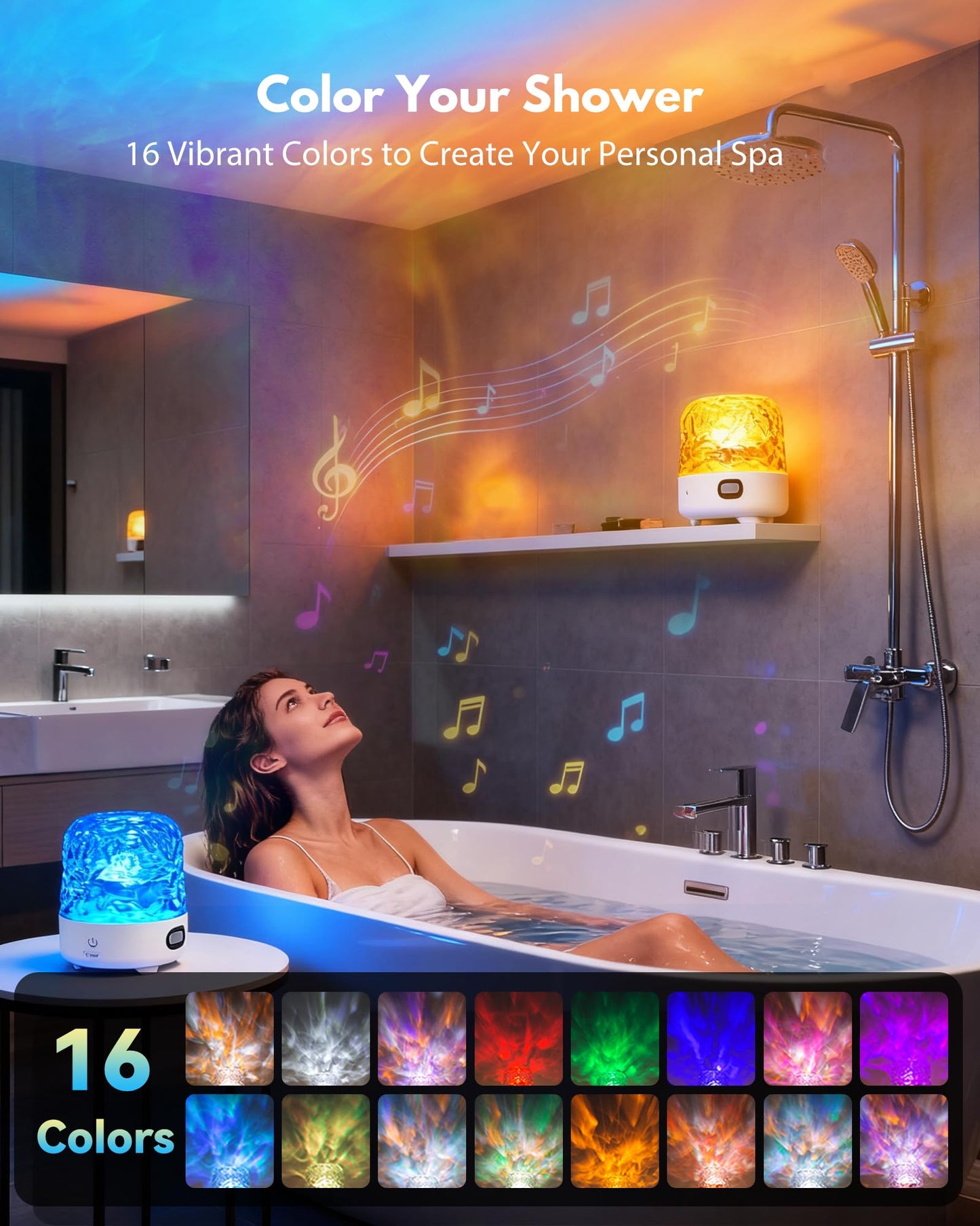 Shower Light with Bluetooth Speaker, Waterproof Shower Lamp with White Noise, 16 Colors Ocean Wave Projector Light with Remote & Touch Control, Music Lamps for Inside Shower Bathroom Bathtub