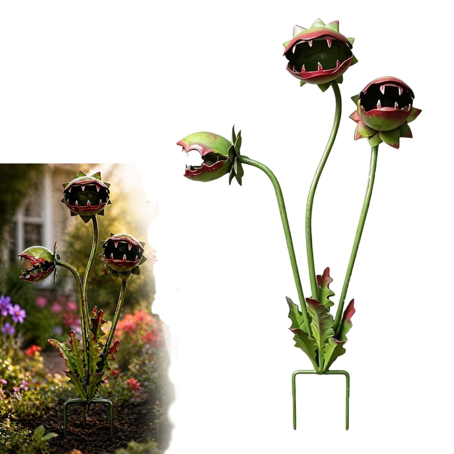 Metal Carnivorous Plant Garden Stake,25in Handmade Iron Large Venus Flytrap Monster Plant Sculpture,Whimsical Flower Outdoor Decor,Durable for Flower Beds,Patios & Planters,Unique Quirky Garden Gift