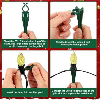 AUGSHY 100 Pack Christmas Light Stakes, 7.5 inch Yard Lawn Holiday Light Ground Stakes for C7 C9 Outside String Lights Universal Outdoor Light Holders for Christmas Decoration Lawn Path Driveway Green