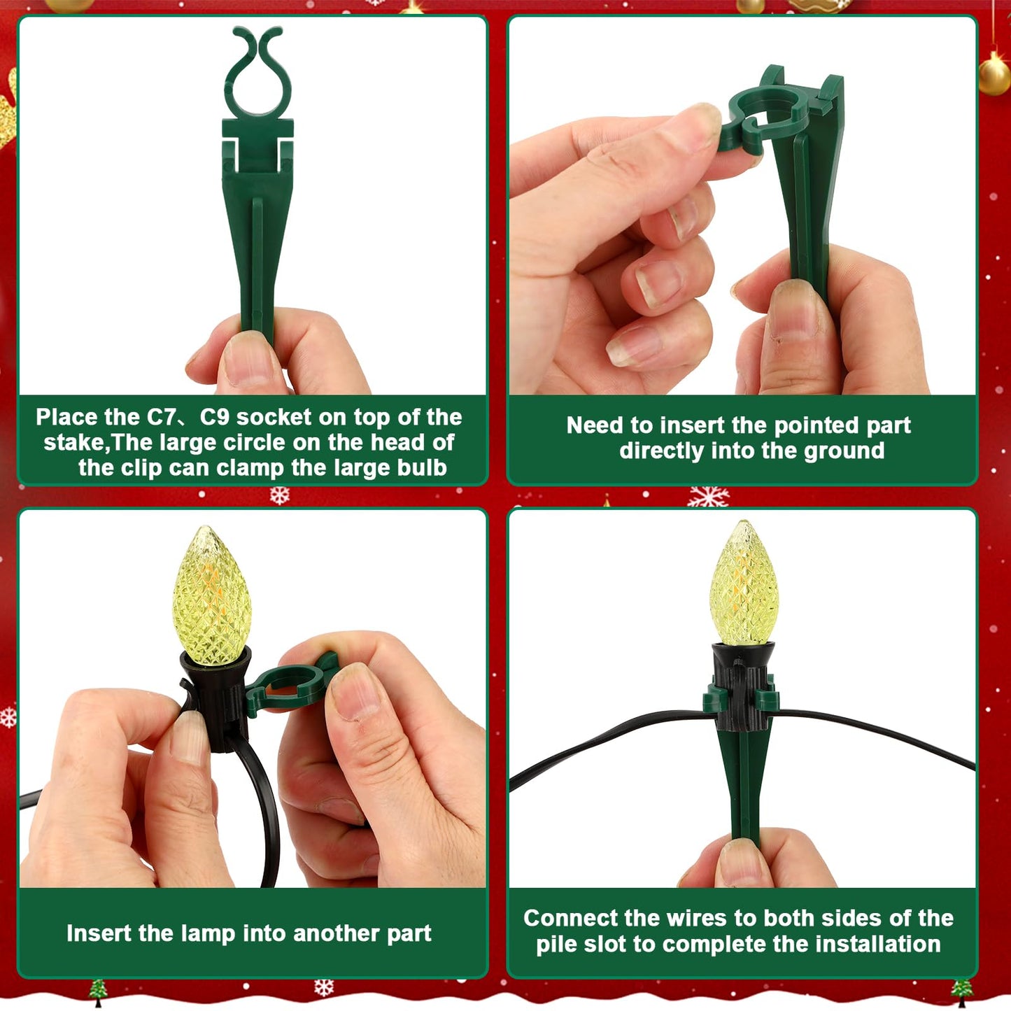 AUGSHY 100 Pack Christmas Light Stakes, 7.5 inch Yard Lawn Holiday Light Ground Stakes for C7 C9 Outside String Lights Universal Outdoor Light Holders for Christmas Decoration Lawn Path Driveway Green