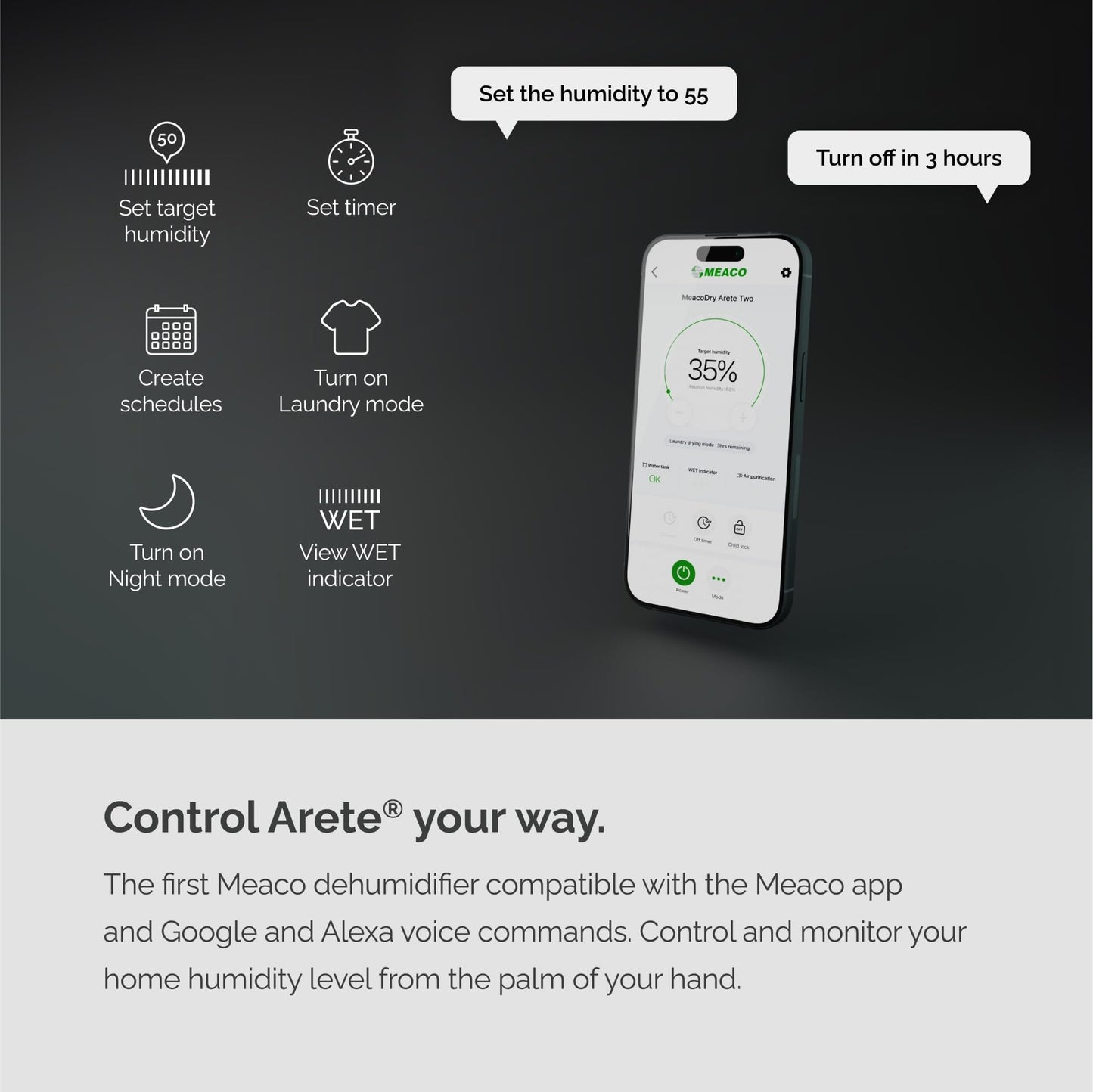 Meaco MeacoDry Arete® Two 12L Dehumidifier & HEPA H13 Air Purifier, Low Energy, Low Noise, Wi-Fi Meaco App, Smart humidity mode, removes moisture in homes and flats, 5x year warranty