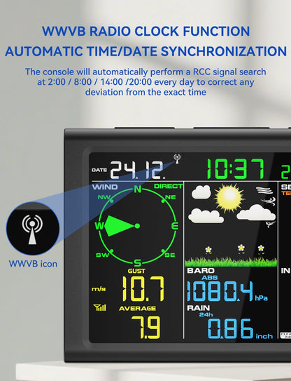 AIRAIN TECH 10-in-1 Wireless Weather Station with Dual Display, Outdoor Sensor, Rain Gauge, Atomic Clock, Wind Speed, Indoor Temp/Humidity, Barometric Pressure,etc (No WiFi)
