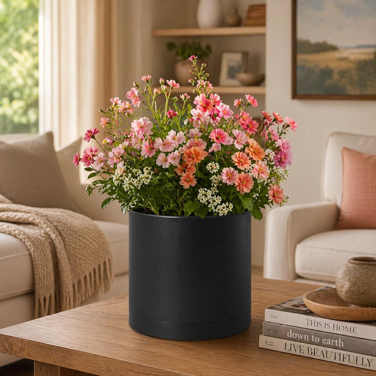 Giraffe Creation 12-Inch Round Cylinder Plant Pot, Modern Indoor/Outdoor Planter with Drainage Hole, Saucer & Water Reservoir, Black