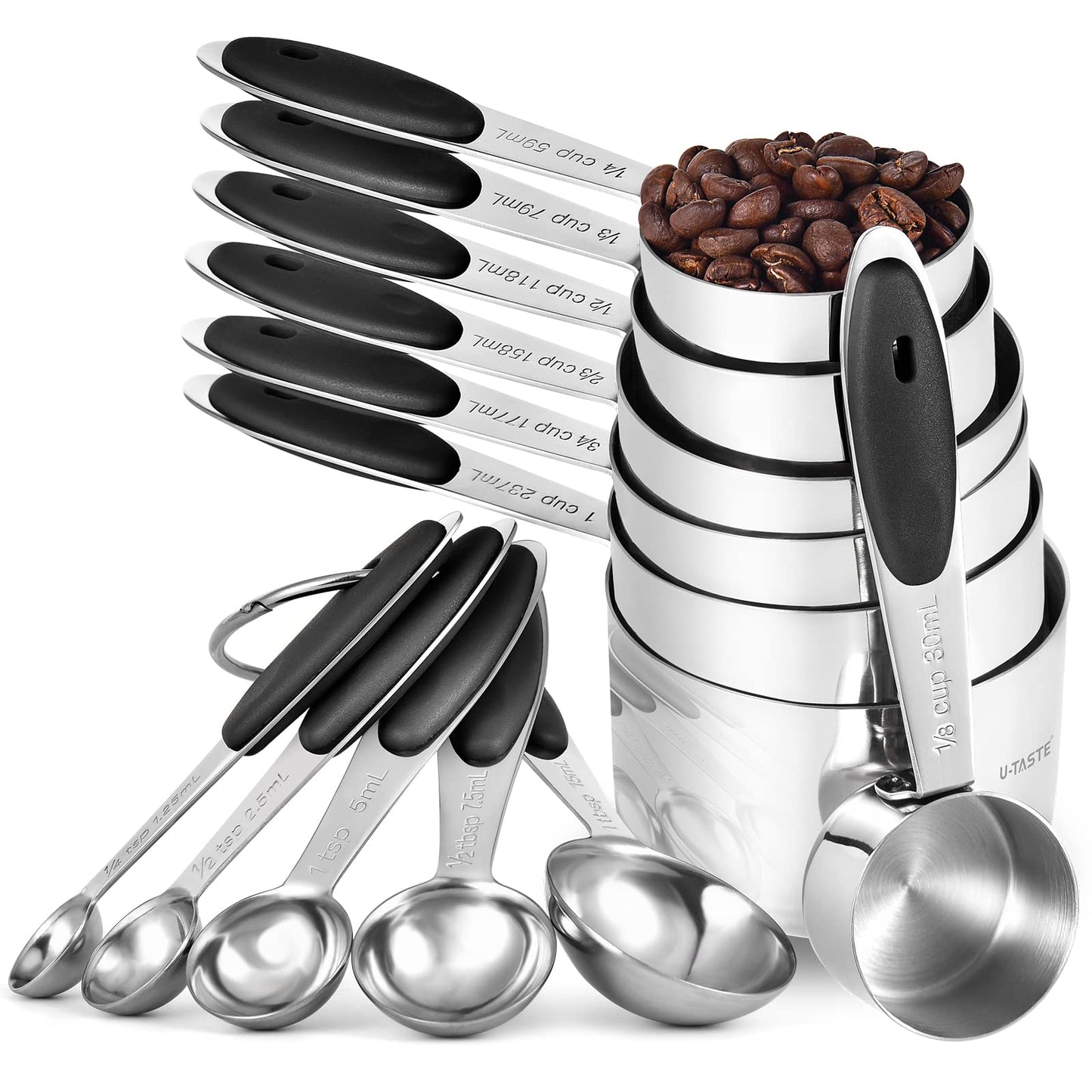 Measuring Cups and Spoons Set: U-Taste 18/8 Stainless Steel 12 Pieces Metal Stacking Kitchen Baking Cooking Food Measure Set 7 Cups 5 Spoons with Strengthened Weld Joints (Black, Upgraded Version)