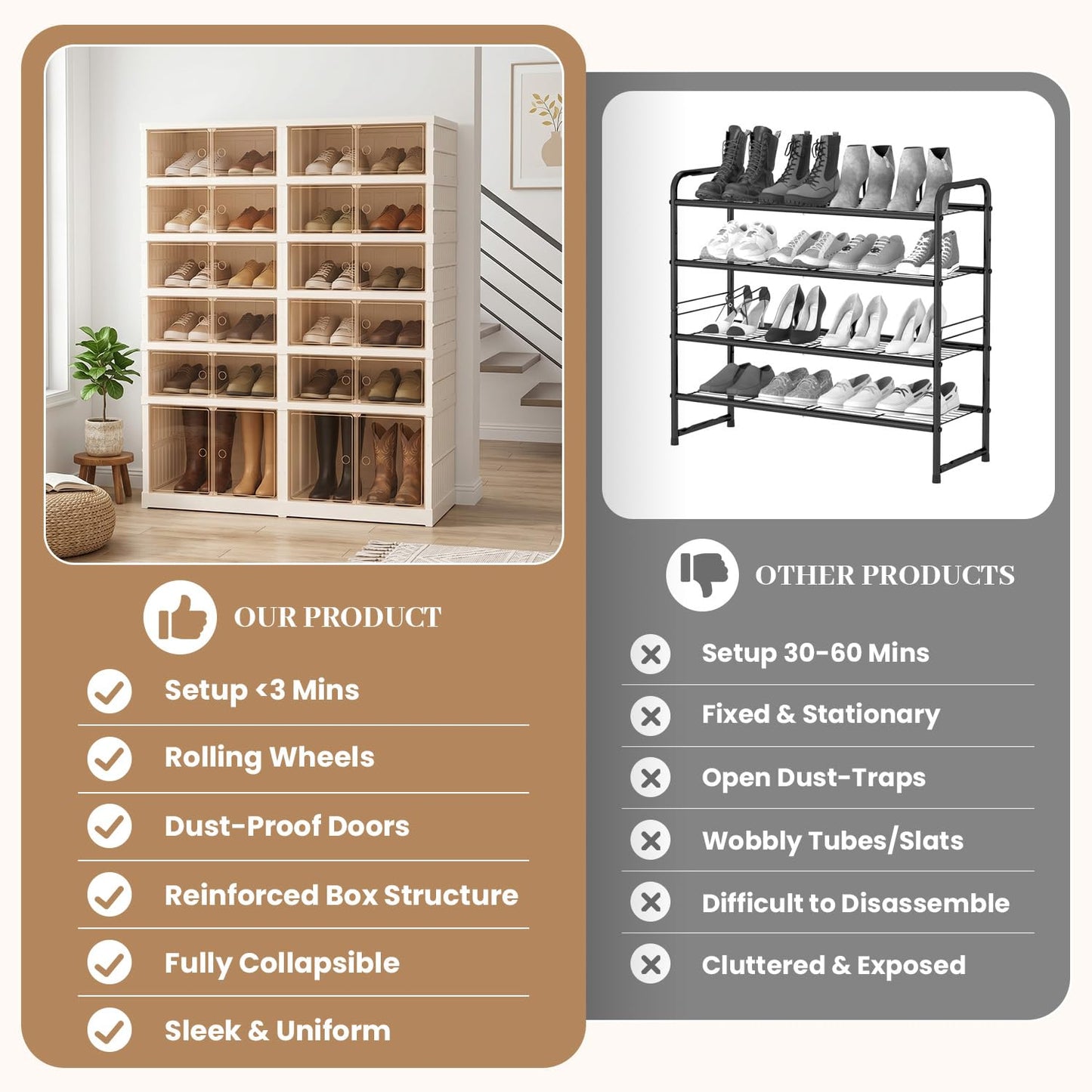 Tykacna Collapsible Shoe Rack Organizer, Extra Large Shoe Boxes with Doors, Stackable Plastic Storage Cases for Closet and Entryway, Clear Folding Shoe Cabinet with Wheels (6Tiers, 24Pairs)