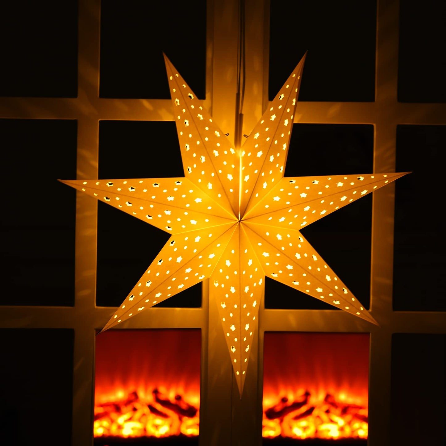 Mudder 19.7 Inch Christmas Star Paper Lantern 7 Pointed Christmas Window Lantern with 10 LED Light Strings Hanging Pendant Xmas Tree Ornaments for Holiday Decor Home(Classic,Holographic Rainbow)
