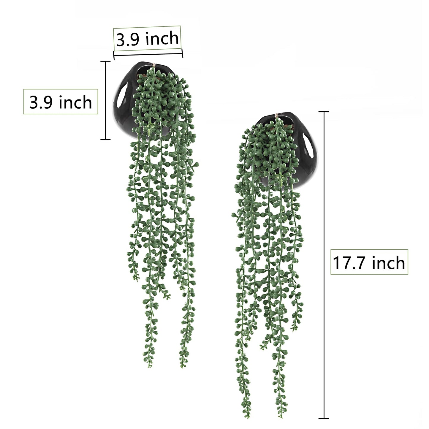 Tiita Artificial Hanging Plants, Faux Succulents in Pots, Realistic String of Pearls Plants for Home Office Accessories Window Sill Bathroom Bedroom Fake in Black Ceramic Pots, Set of 2