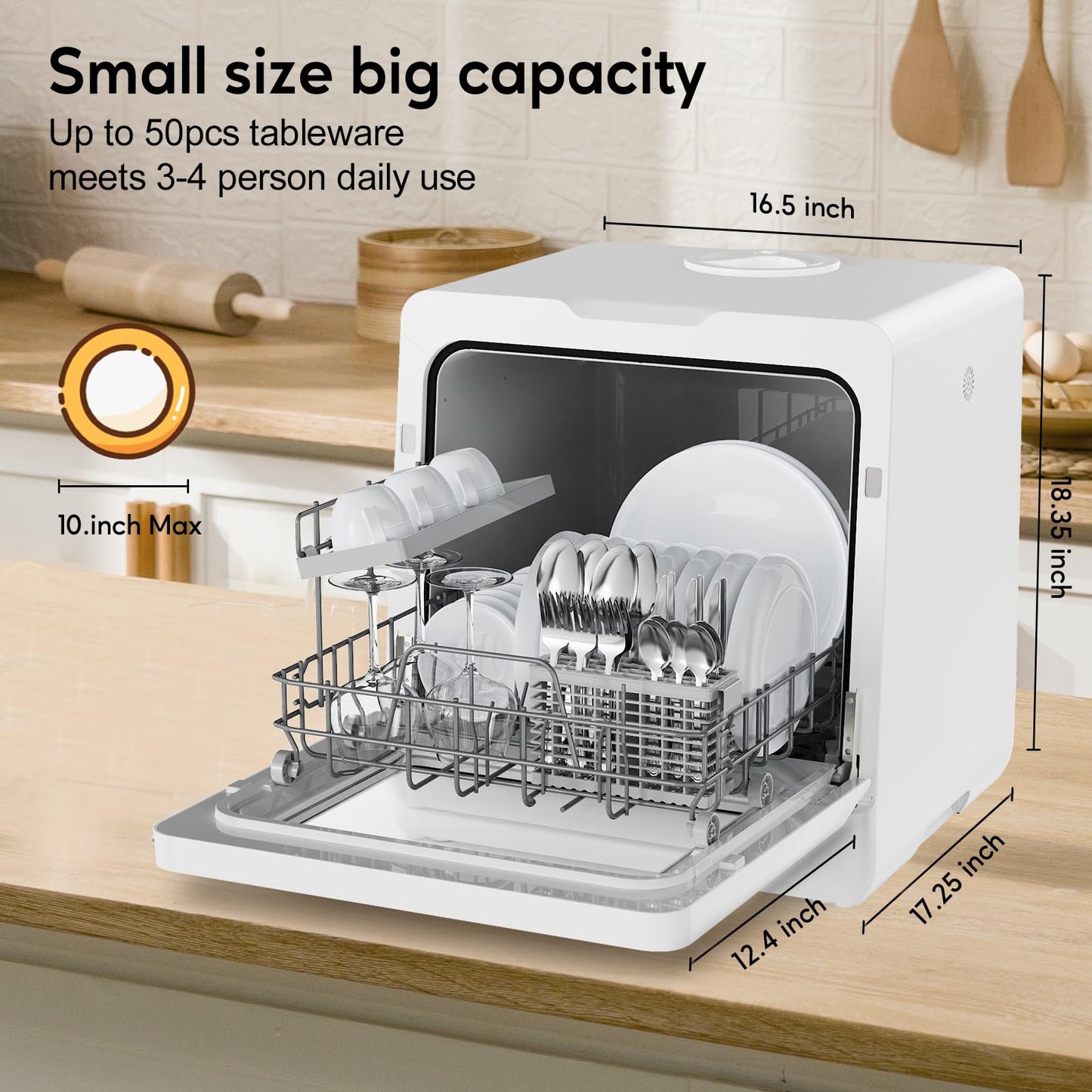 SEAGTOM Portable Dishwashers for Camping and Home with 5l Water Tank, Hose, LED Light, 10 Wash Programs, Baby Care Mode, Dual Water Supply and 1h Hot Air Drying