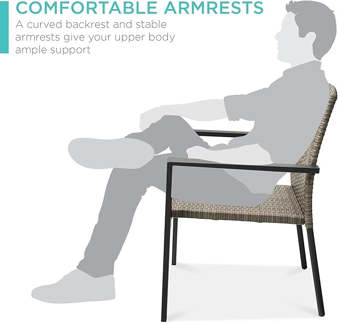 Best Choice Products Set of 2 Stackable Outdoor Wicker Dining Chairs All-Weather Firepit Armchair w/Armrests, Steel Frame for Patio, Deck, Garden, Yard - Taupe