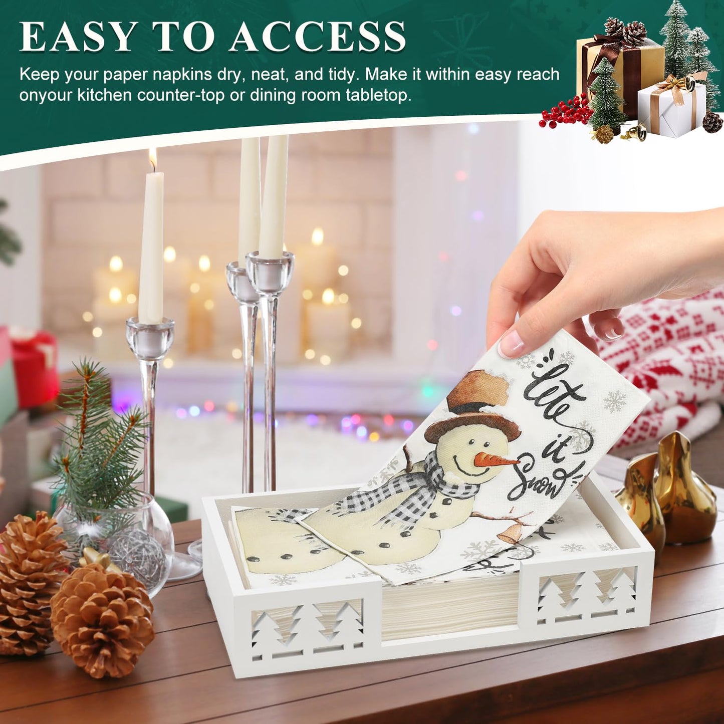 Christmas Paper Towel Holder Kitchen Decor Accessories Gift Decorative Wooden Napkin Holder for Table Bathroom Guest Towels Holder Rustic Wood Holiday Xmas Napkin Holder Disposable Hand Towel Tray