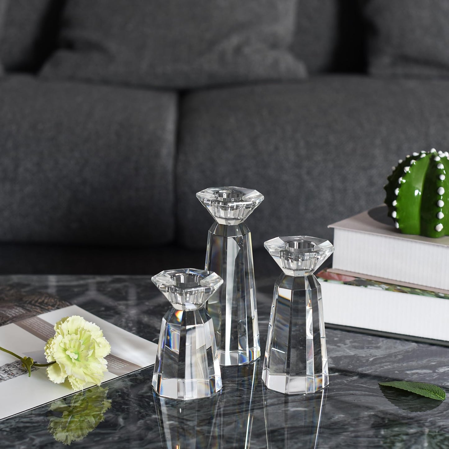 DONOUCLS Crystal Tapered Candle Holders Crystal Candlestick Home Tabletop Decorations Pack of 3, Comes with Gifted Box