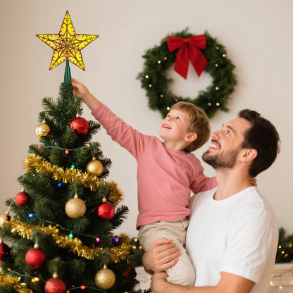 Christmas Star Tree Topper, Gold Glittered 3D Star Tree Topper, with Warm White LED Lights String Lights for Indoor Office Christmas New Year Holiday Tree Decoration