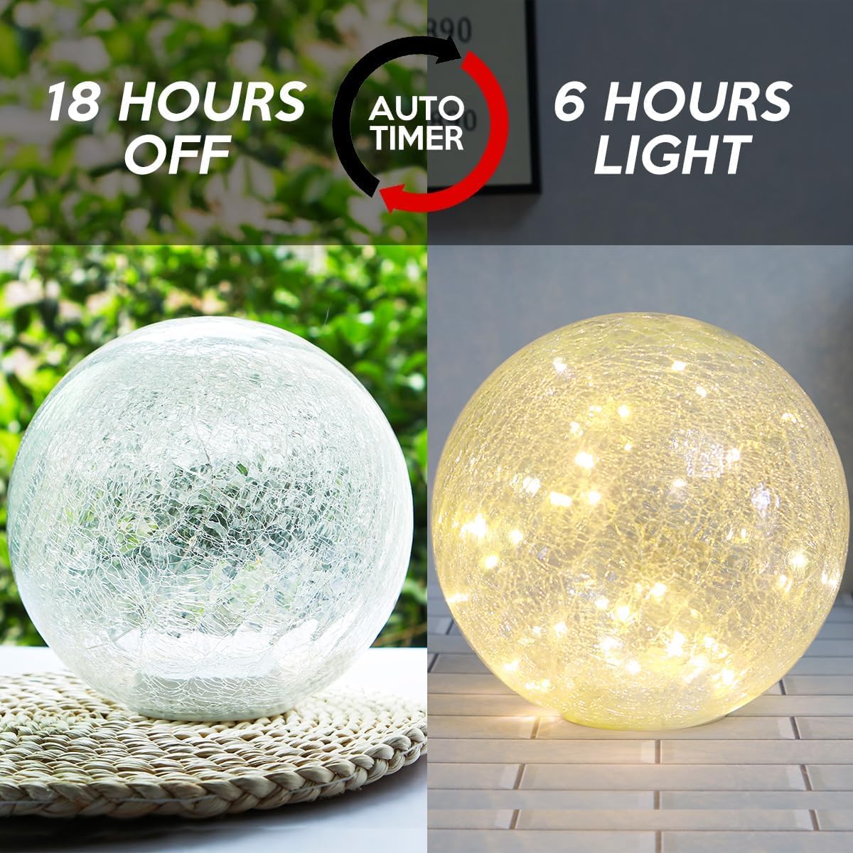 Mercury Crackle LED Glass Globe Ball Lamp with Timer, Battery Operated Night Light for Girls, Birthday, Halloween,Christmas - Decorative Gift for Home Warm White (with Timer)