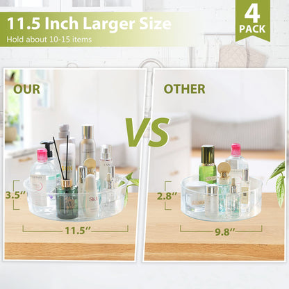 4 Pack Lazy Susan Organizer for Cabinet, Upgraded 11.5" Clear Turntable Organizer with Handles and Raised Edge, Rotating Lazy Susan Spice Storage for Kitchen, Pantry, Refrigerator, Bathroom, Table