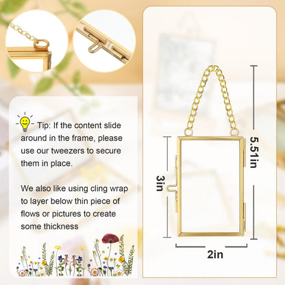 FOCHIER F 4 Pcs Pressed Flower Frame with Tweezers, Wall Hanging Tabletop Display Double Glass Frames with Metal Chain for Pressed Dried Flowers Plants, Horizontal and Vertical Picture Frame, Gold, FRAMES ONLY