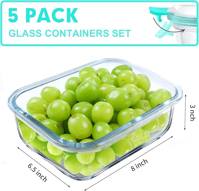VERONES 5 Pack 36 OZ Glass Meal Prep Containers, Airtight Glass Lunch