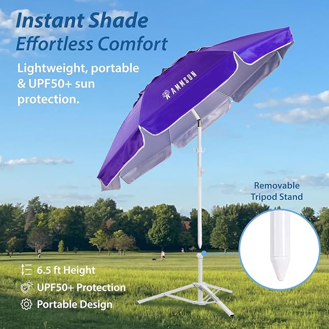 AMMSUN Shade Umbrella, Premium Portable Umbrella with Stand, 6.5ft Lightweight Free Standing Canopy for Sporting Games, Adjustable Instant Sun Protection and Easy to Carry, Purple