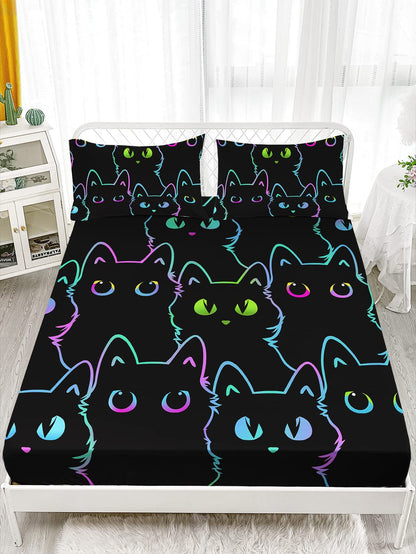 Axolotl Kids Bedding Cute Cat Sheet Set Twin Size, Gradient Line, 4Pcs Kawaii Cat Bed Sets with 1 Fitted Sheet 1 Flat Sheet 2 Pillowcases for Kids Boys Girls Adults Teens, Black