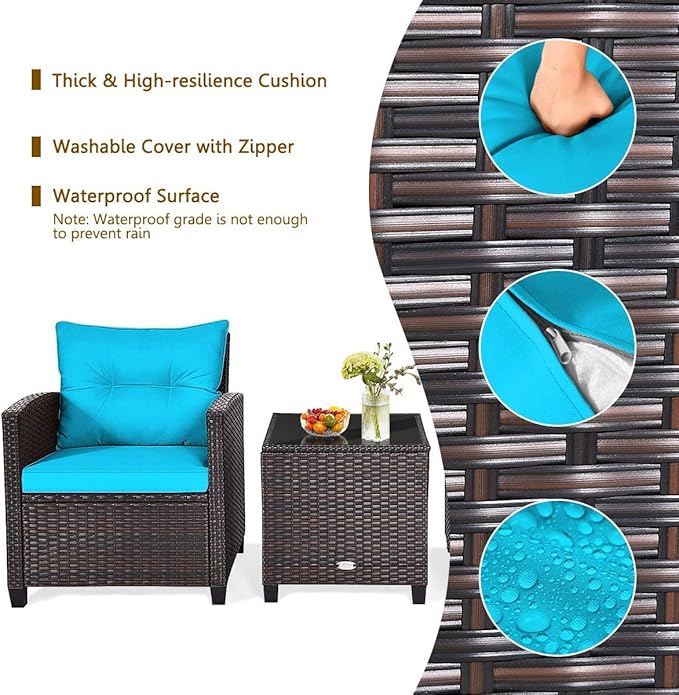 HAPPYGRILL 3 Pieces Patio Conversation Set, Outdoor Furniture Set PE Rattan
