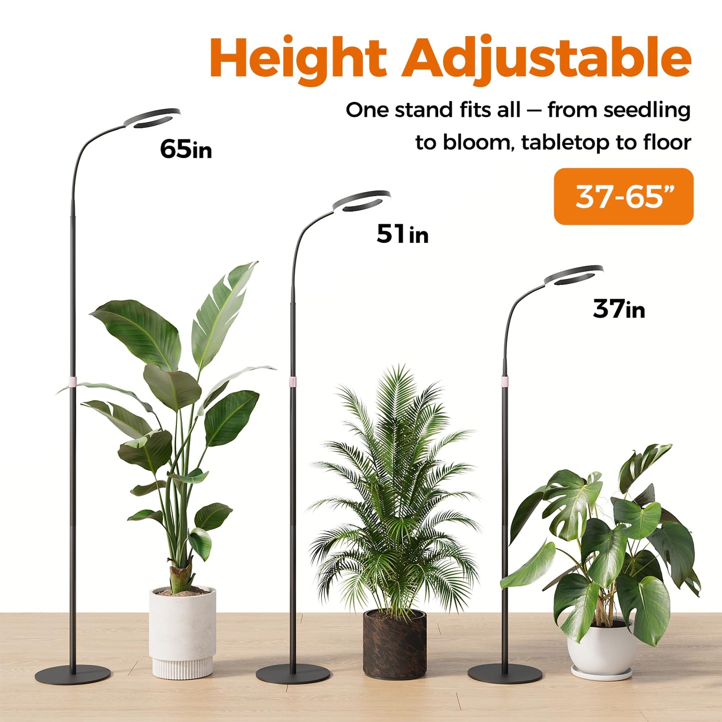 Bamworld Grow Lights for Indoor Plants, Full Spectrum Plant Lights for Indoor Growing, Floor Grow Lamp for Large Plants, Auto ON/Off Timer 3/9/12H, 10 Dimmable Levels, 37-65" Adjustable Height
