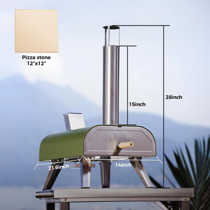 BIG HORN 12" Multi-Fuel Outdoor Pizza Oven Reach up to 1110℉– 3-in-1 Wood,Gas&Electric Compatible (Burners Sold Separately),Pellet Pizza Oven Portable Pizza Maker for Backyard,Camping&Tailgating,Green
