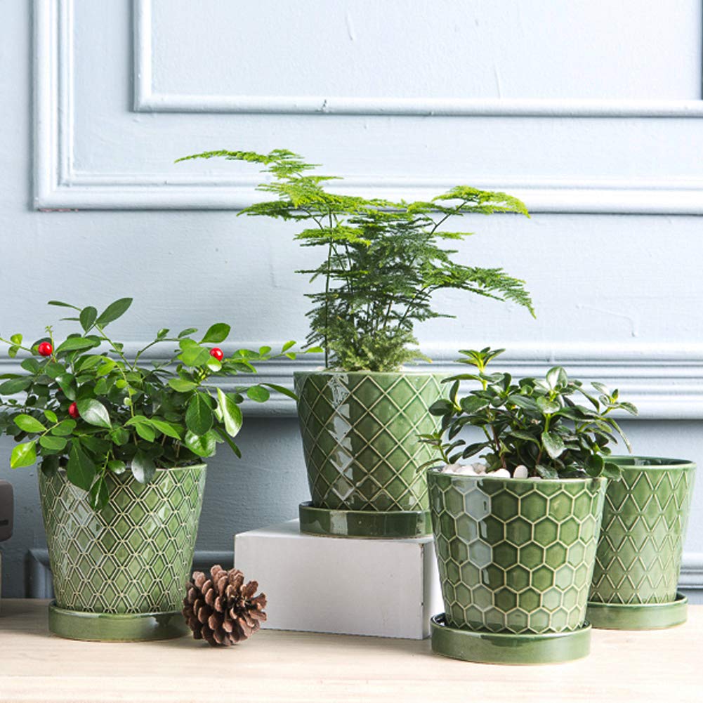 BUYMAX Plant Pots Indoor –5 inch Ceramic Flower Pot with Drainage Hole and Ceramic Tray - Gardening Home Desktop Office Windowsill Decoration Gift, Set of 4 - Plants NOT Included (Patina)